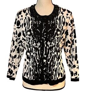 Per Se Black and White Embellished Snap-up Sweater Sz-M